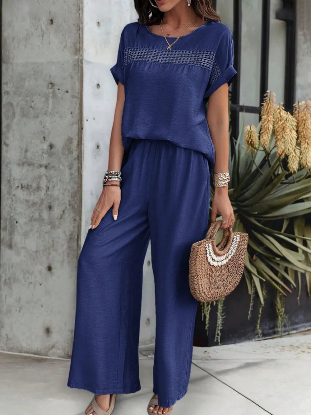 Kendall - Elegante completo con blusa a manica corta e pantaloni coordinati