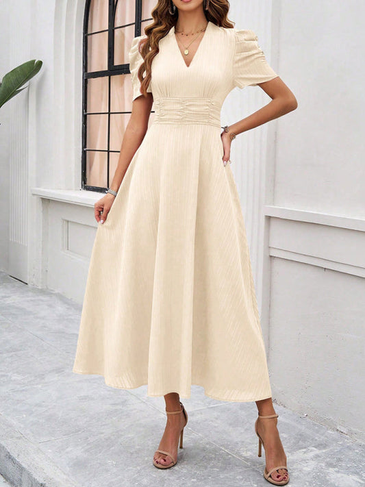 Natalie - Elegante abito a linea A con maniche a sbuffo e vita aderente