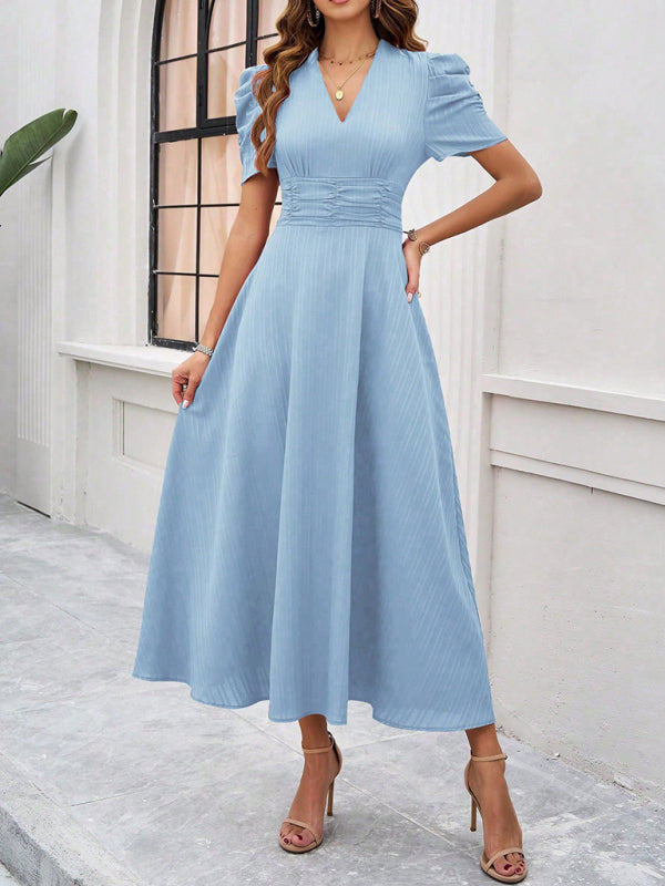 Natalie - Elegante abito a linea A con maniche a sbuffo e vita aderente