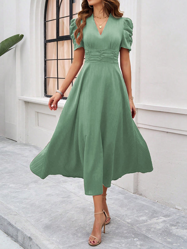 Natalie - Elegante abito a linea A con maniche a sbuffo e vita aderente