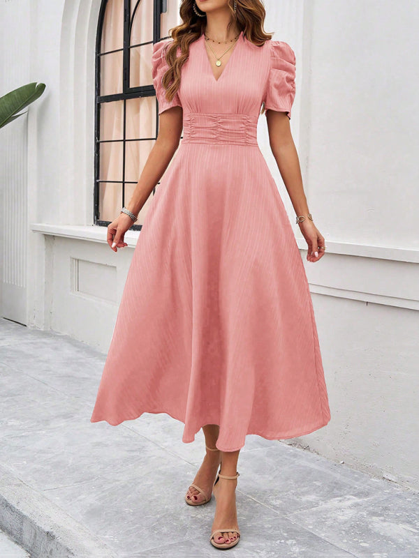 Natalie - Elegante abito a linea A con maniche a sbuffo e vita aderente