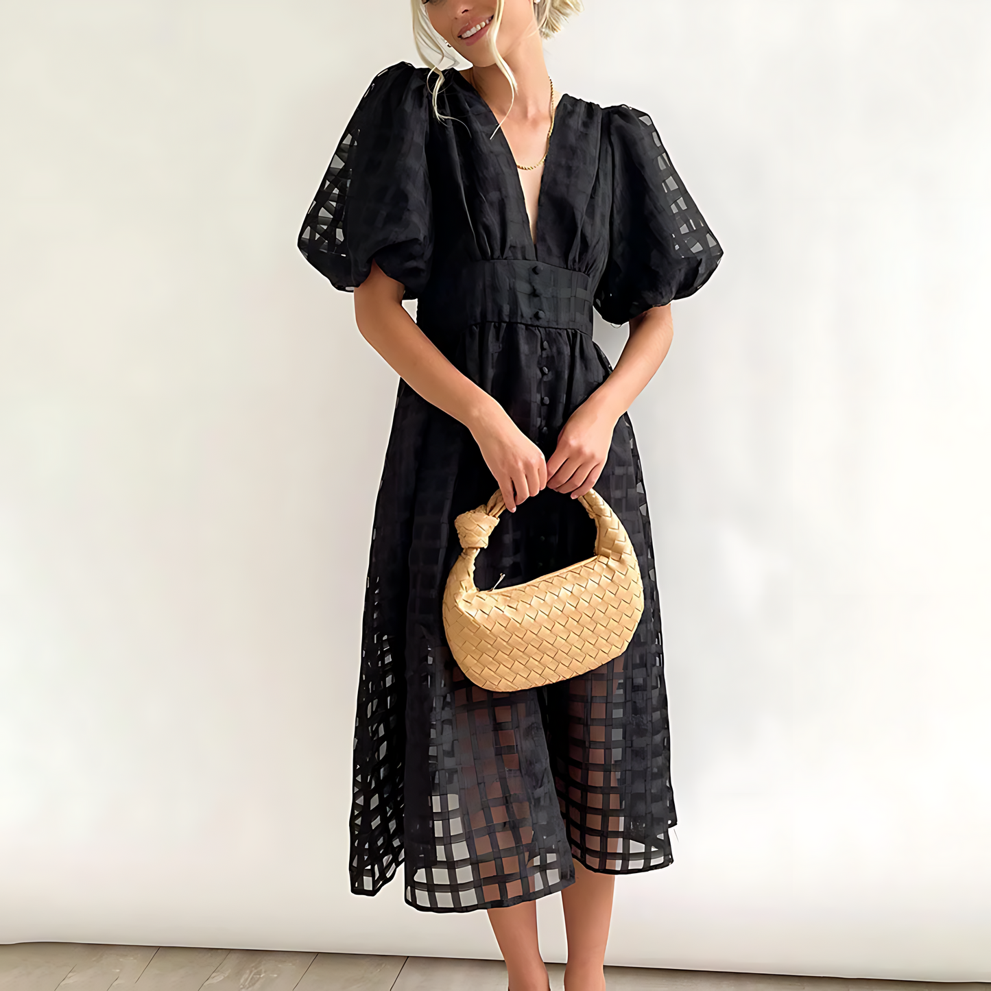 Romelia - Elegante Abito con Maniche a Sfera e Profondo Scollo a V