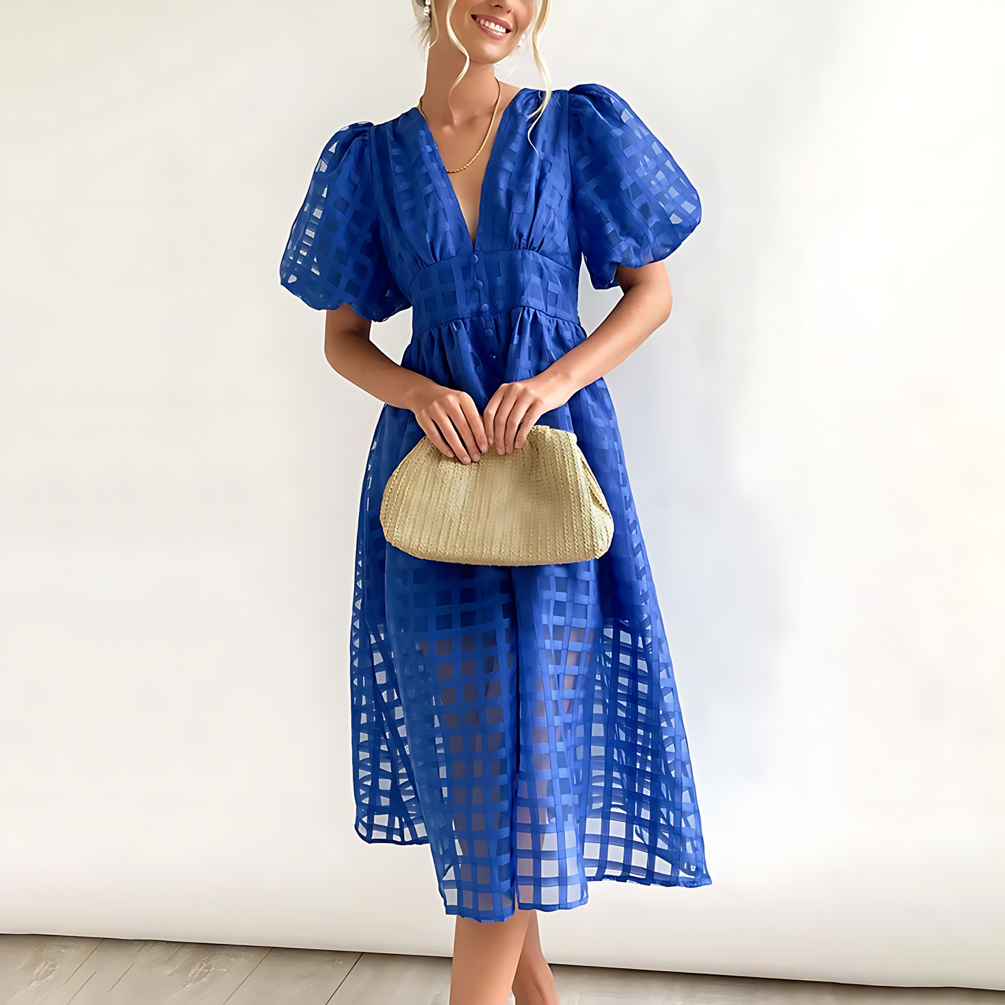 Romelia - Elegante Abito con Maniche a Sfera e Profondo Scollo a V