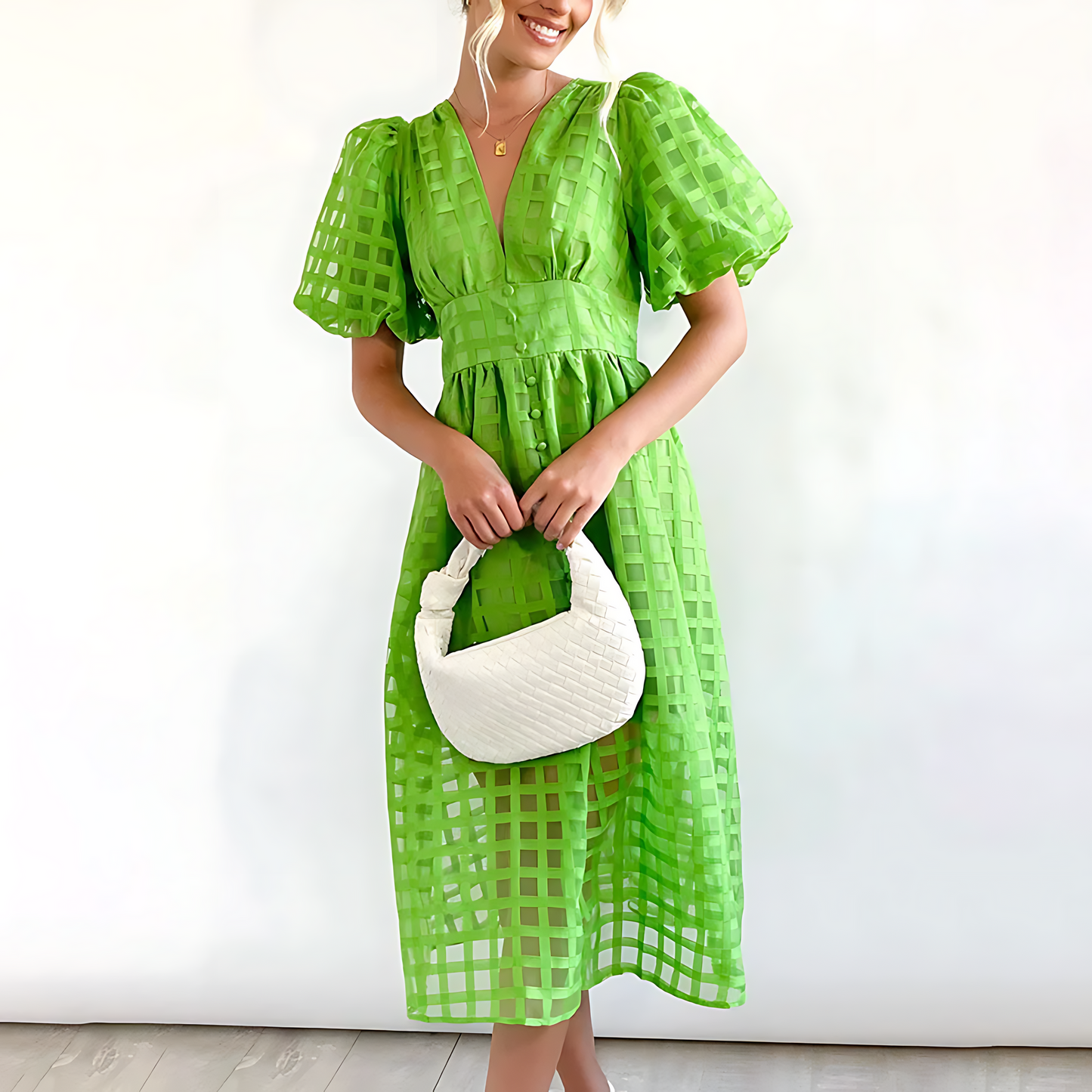 Romelia - Elegante Abito con Maniche a Sfera e Profondo Scollo a V