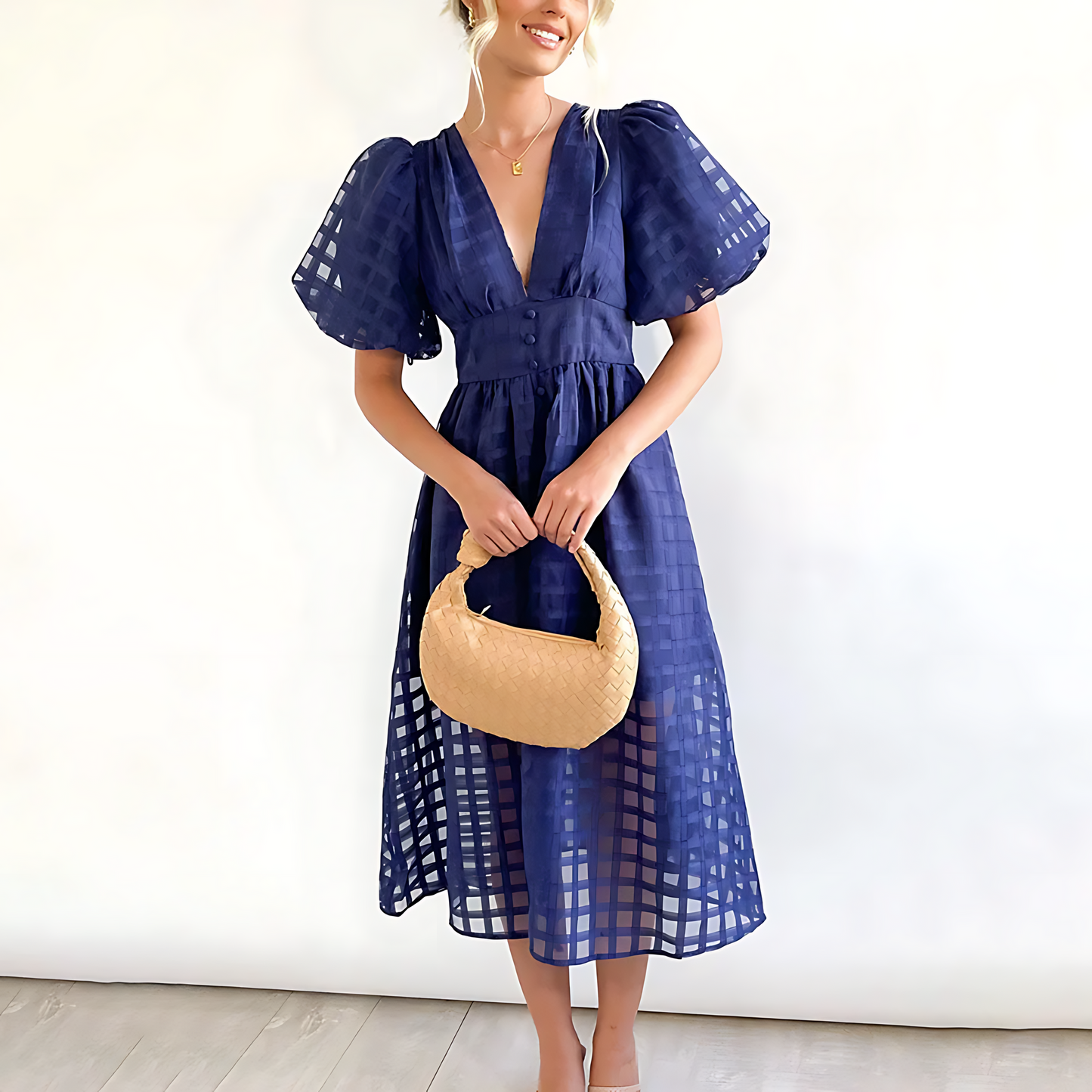 Romelia - Elegante Abito con Maniche a Sfera e Profondo Scollo a V