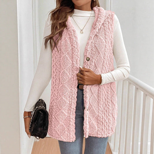 Iliza - Gilet cardigan senza maniche con cappuccio elegante e morbido