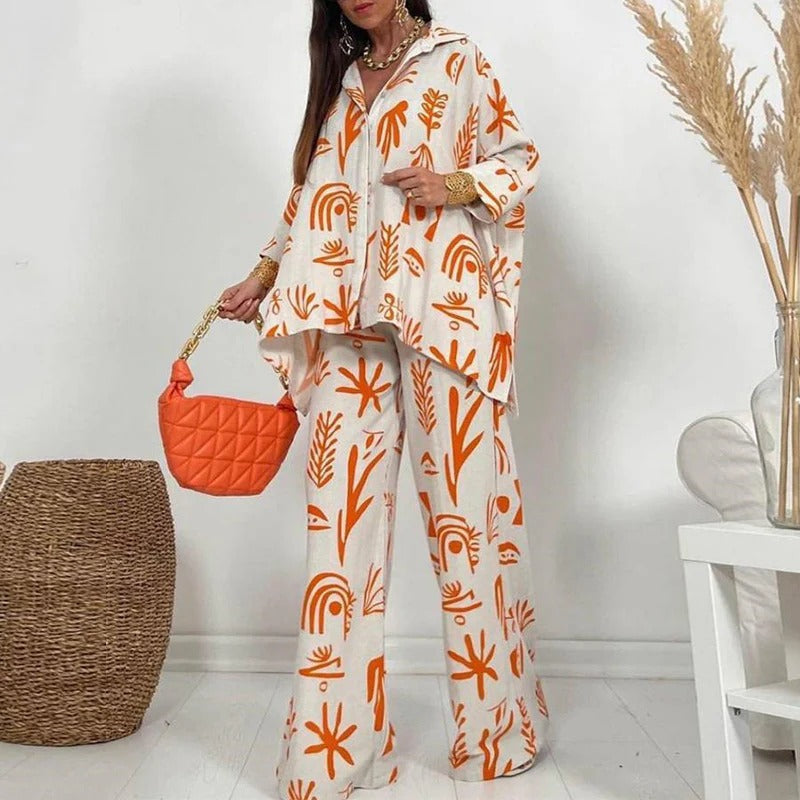 Calista - Completo stiloso con blusa ampia stampata a maniche lunghe e pantaloni