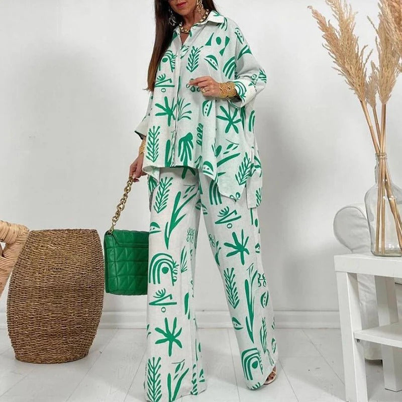 Calista - Completo stiloso con blusa ampia stampata a maniche lunghe e pantaloni