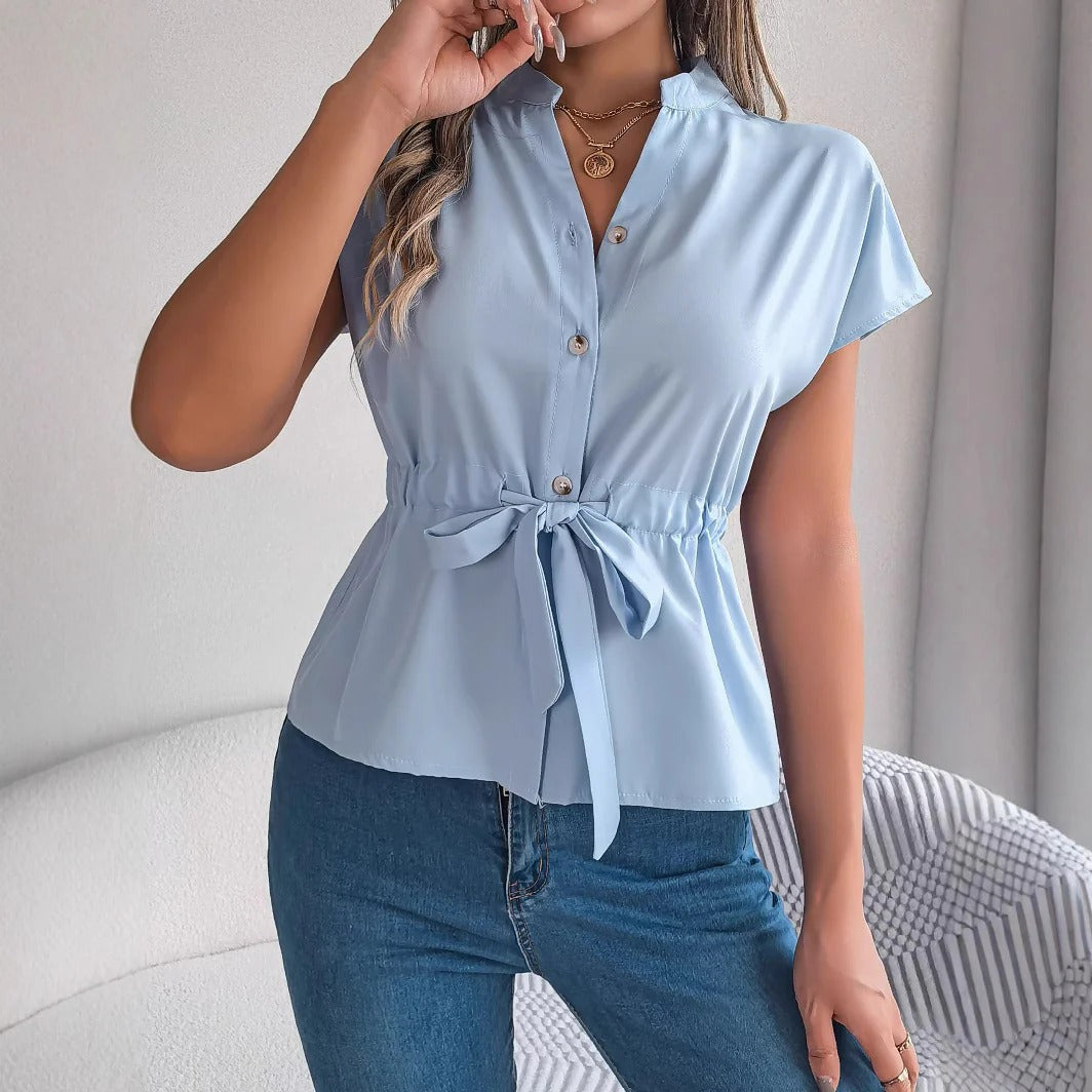 Rubyline - Blusa chic a maniche corte con bottoni e cintura annodata