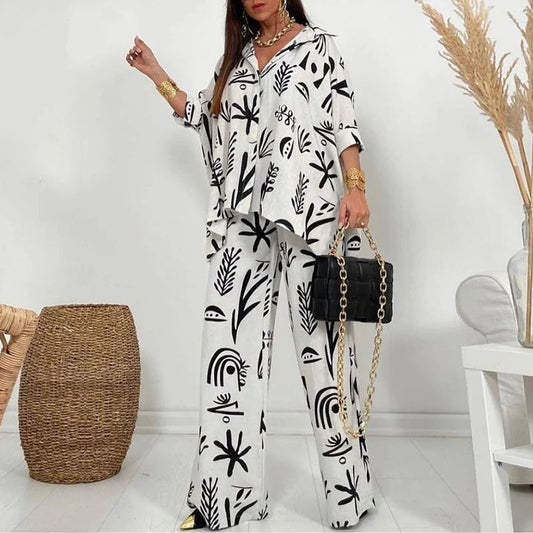 Calista - Completo stiloso con blusa ampia stampata a maniche lunghe e pantaloni
