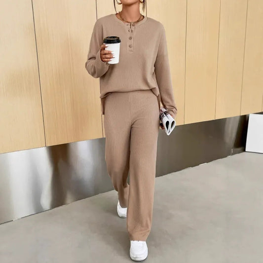 Janie - Completo in maglia a coste con maglione e pantaloni per casa