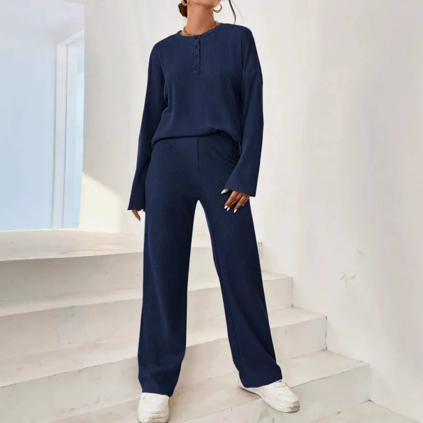 Janie - Completo in maglia a coste con maglione e pantaloni per casa