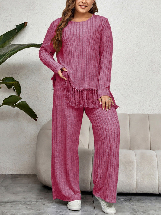 Quinny - Completo in maglia a coste con frange e pantaloni