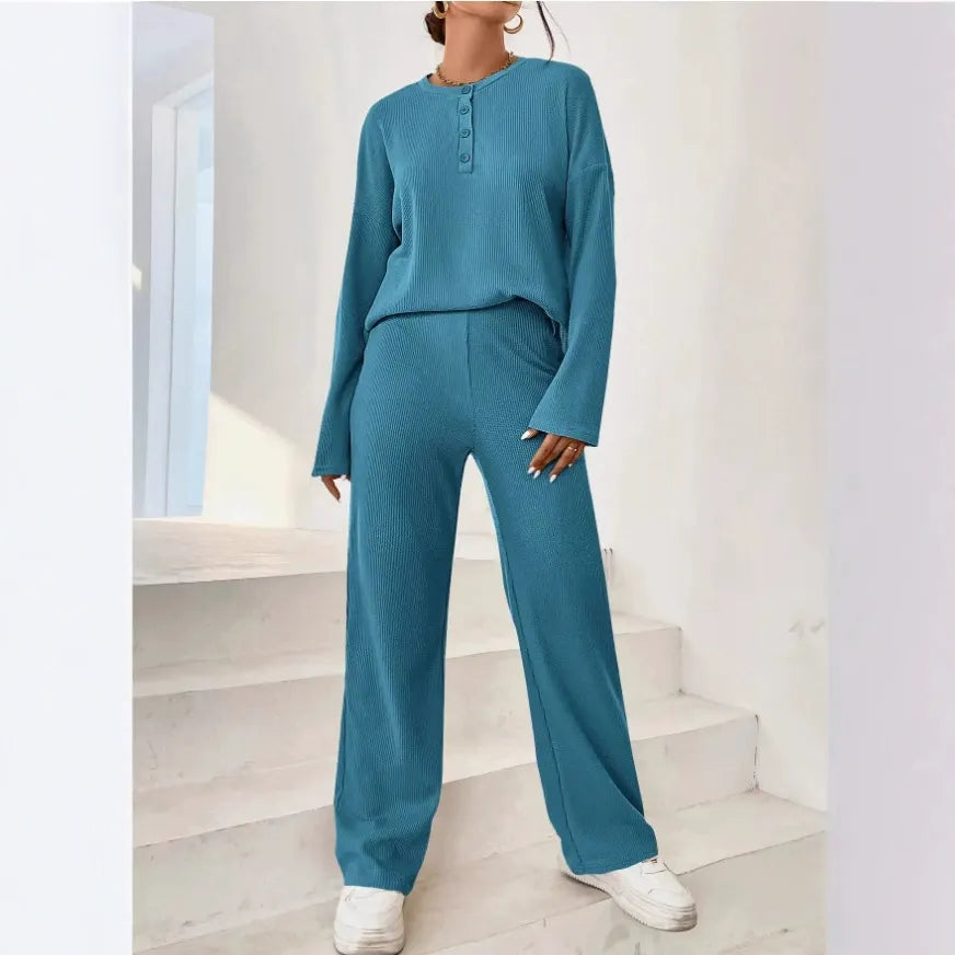 Janie - Completo in maglia a coste con maglione e pantaloni per casa
