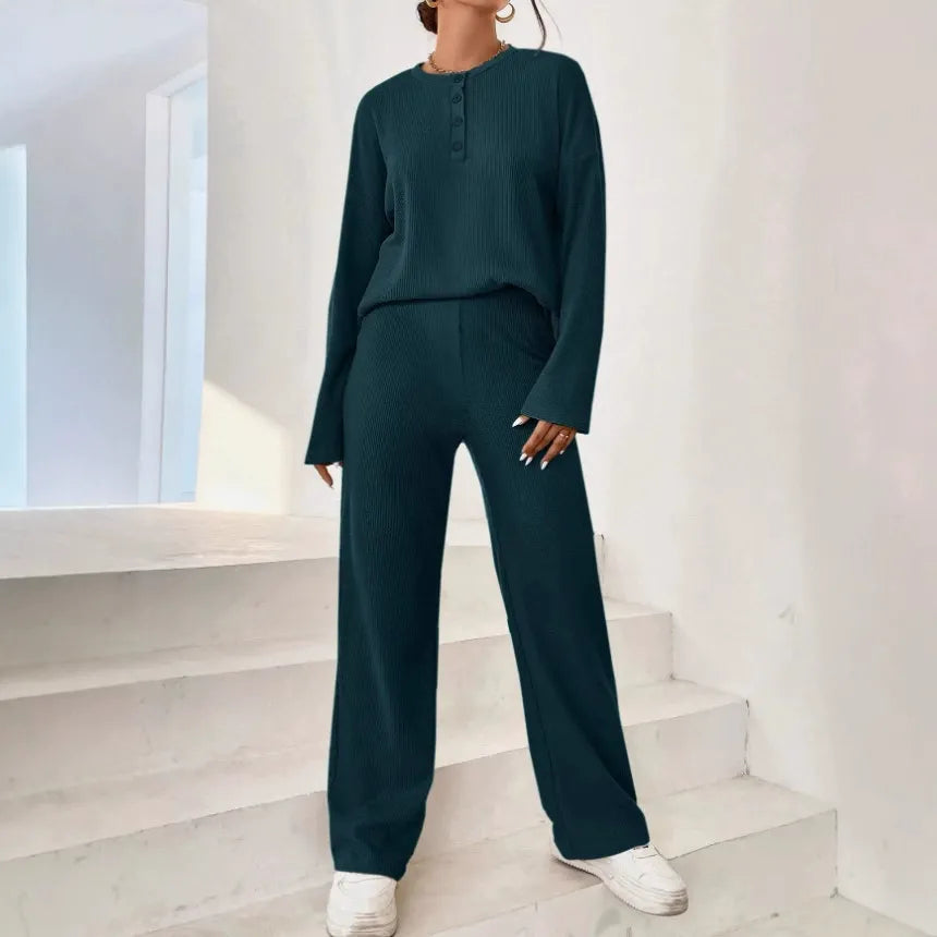 Janie - Completo in maglia a coste con maglione e pantaloni per casa