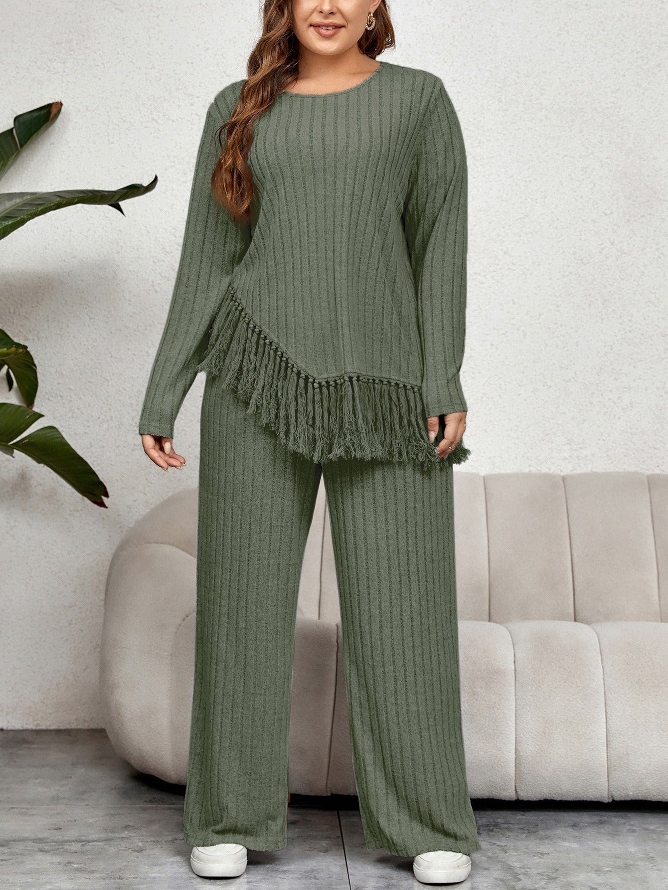 Quinny - Completo in maglia a coste con frange e pantaloni