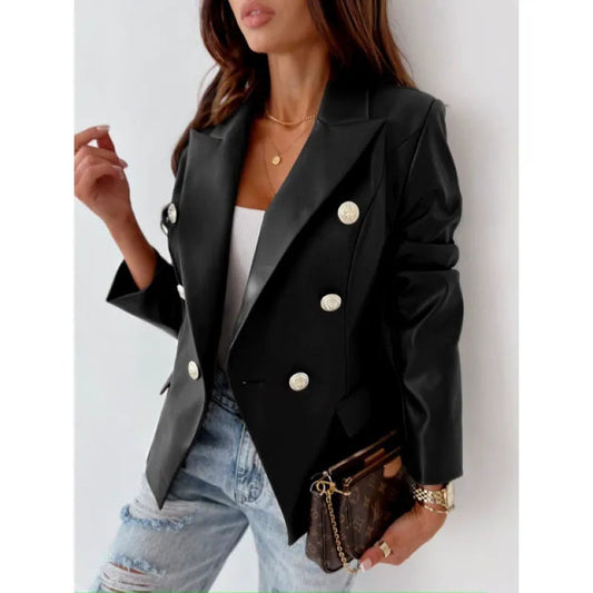 Karlene - Elegante blazer doppiopetto in pelle sintetica