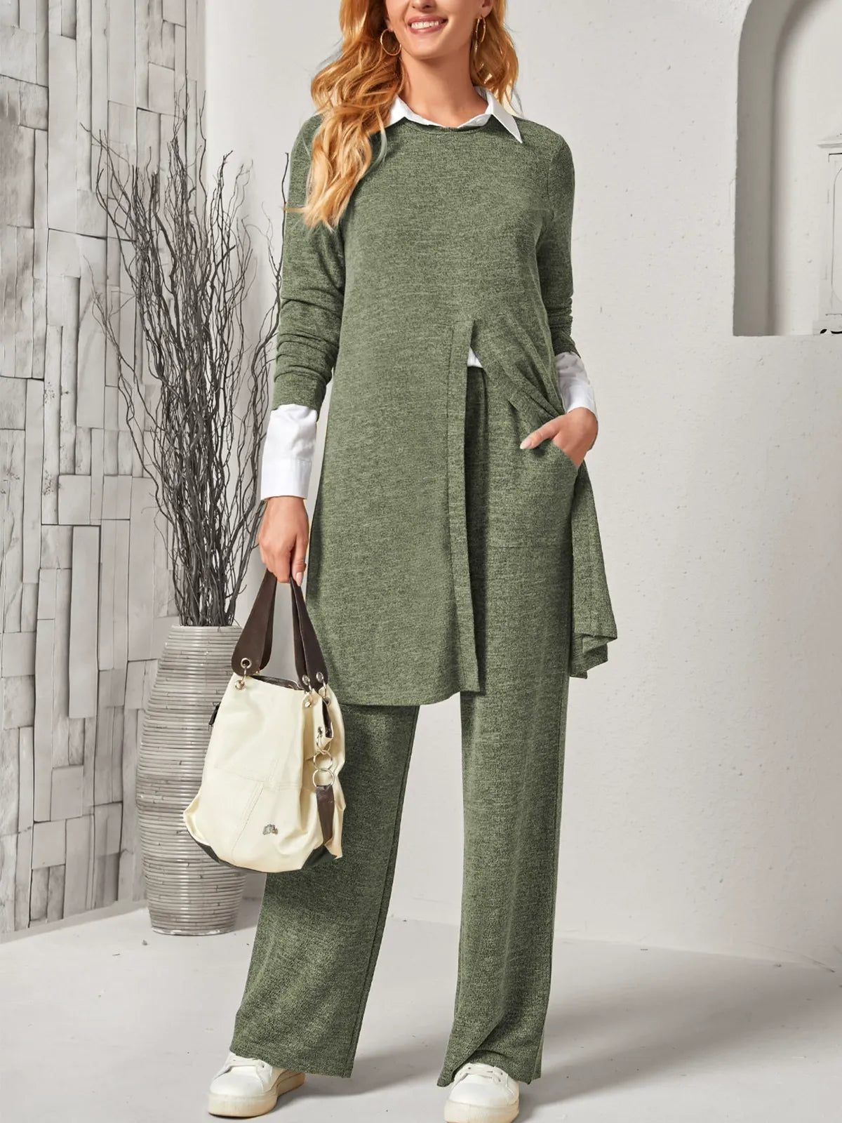 Olianna - Completo casual con maglione lungo in maglia morbida e pantaloni