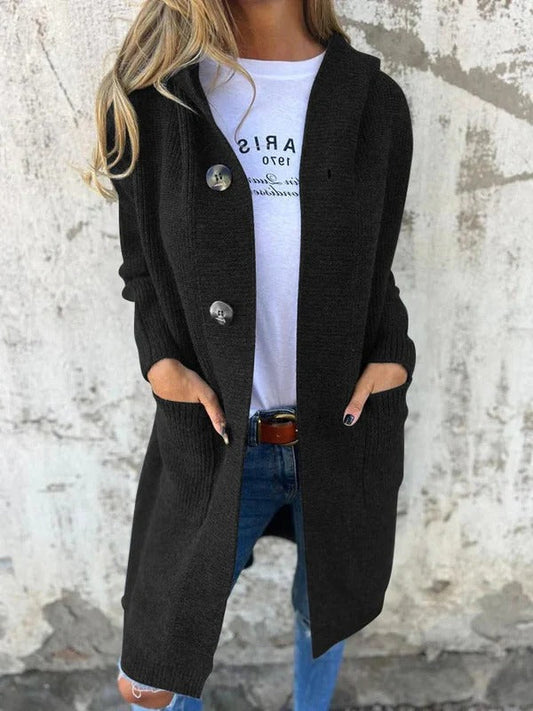 Sahana - Elegante cardigan lungo casual in maglia con cappuccio e bottoni