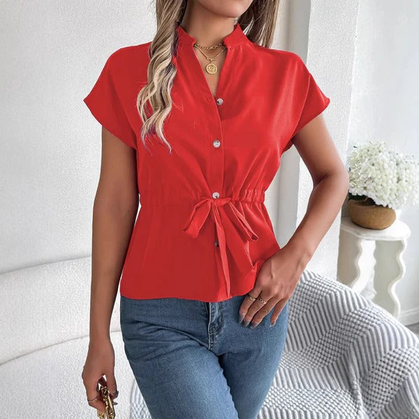 Rubyline - Blusa chic a maniche corte con bottoni e cintura annodata