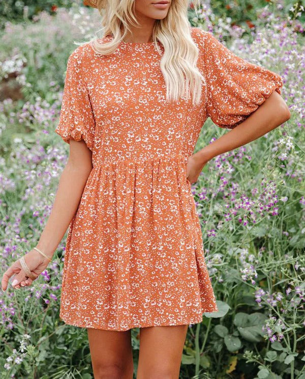 Anjelyn - Abito mini chic a maniche corte con stampa floreale e taglio a A
