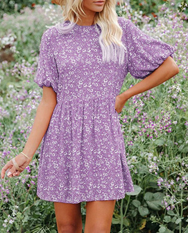 Anjelyn - Abito mini chic a maniche corte con stampa floreale e taglio a A