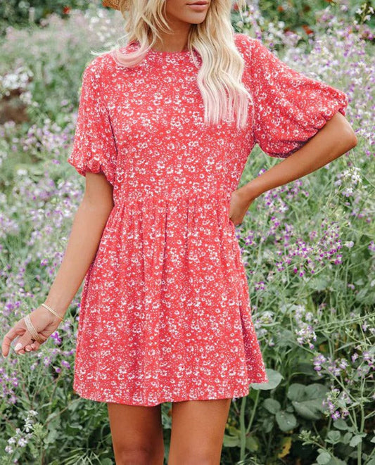 Anjelyn - Abito mini chic a maniche corte con stampa floreale e taglio a A
