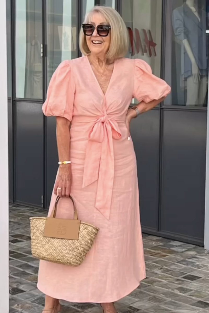 Tania - Abito da donna in cotone con scollo a V, allacciatura e maniche a sbuffo