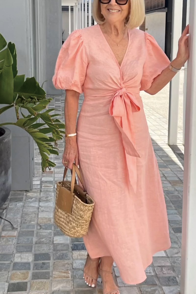 Tania - Abito da donna in cotone con scollo a V, allacciatura e maniche a sbuffo