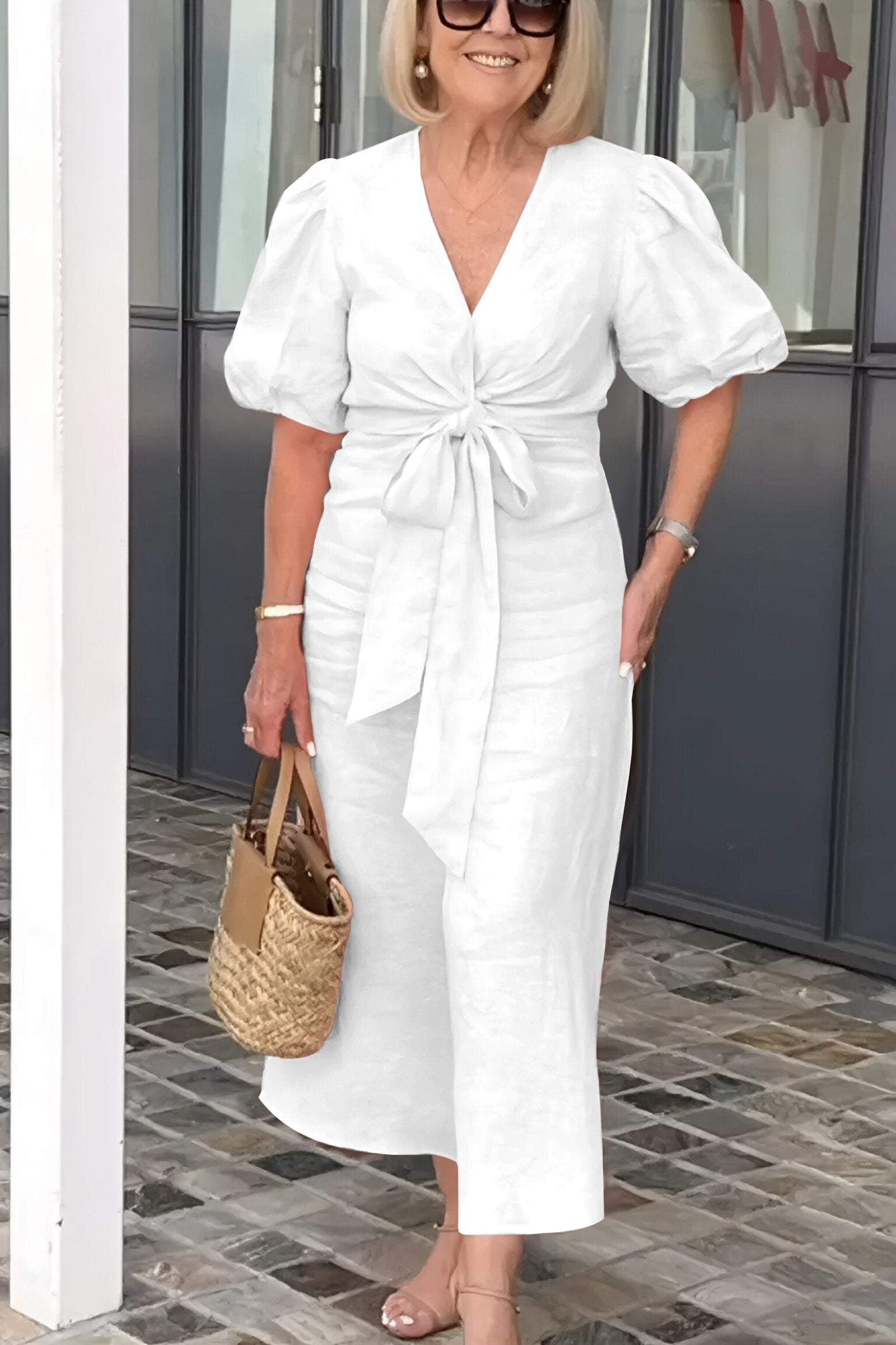 Tania - Abito da donna in cotone con scollo a V, allacciatura e maniche a sbuffo