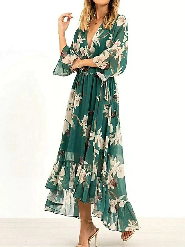 Maxi abito verde con maniche a 3/4 e scollo a V