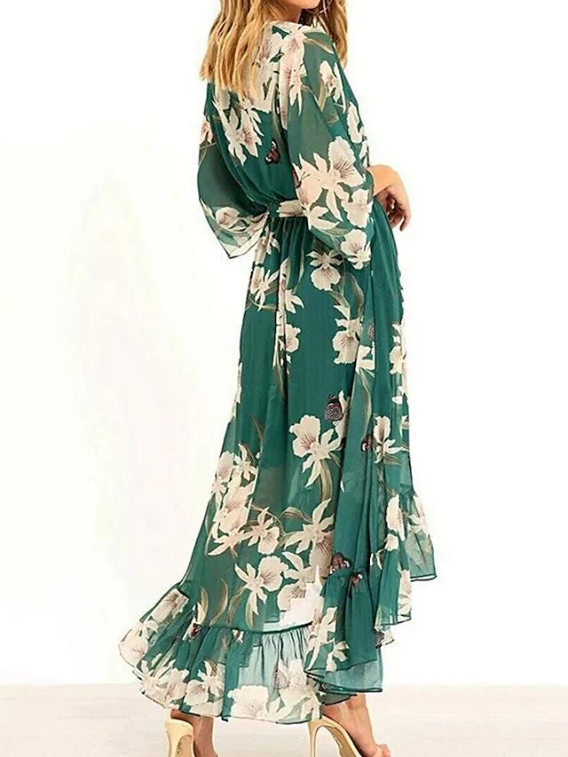 Maxi abito verde con maniche a 3/4 e scollo a V