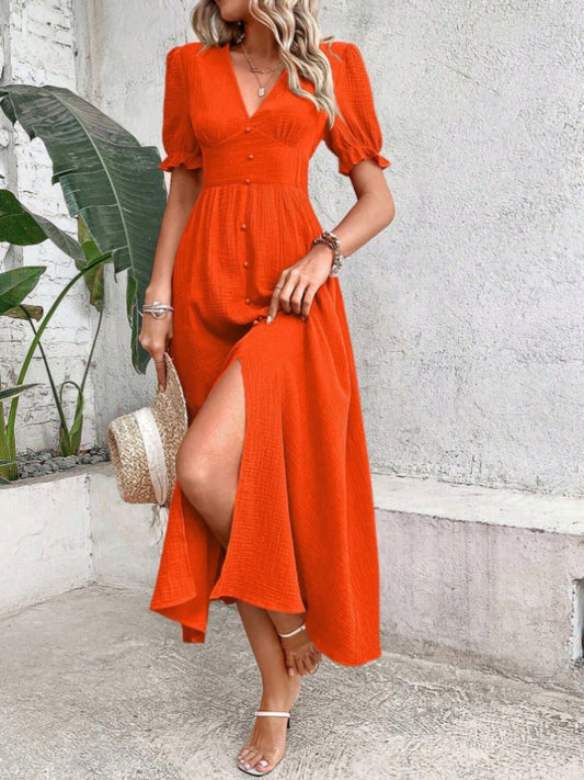 Breanna - Elegante abito a maniche corte con volant e scollo a V profondo