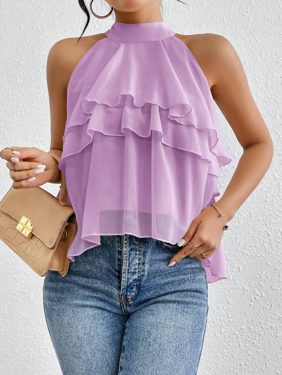 Heliana - Elegante top senza maniche con collo halter e volant a strati