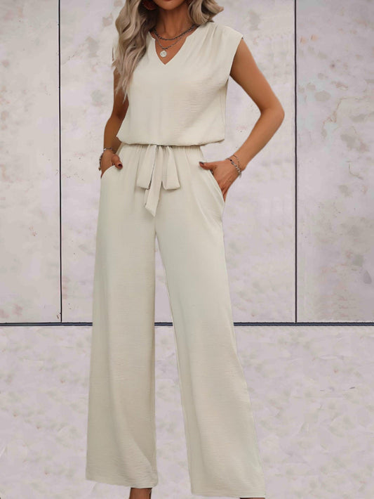 Camilla – Completo elegante con blusa smanicata a V e pantaloni