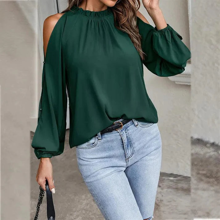 Melania - Elegante camicetta a maniche lunghe con spalle scoperte