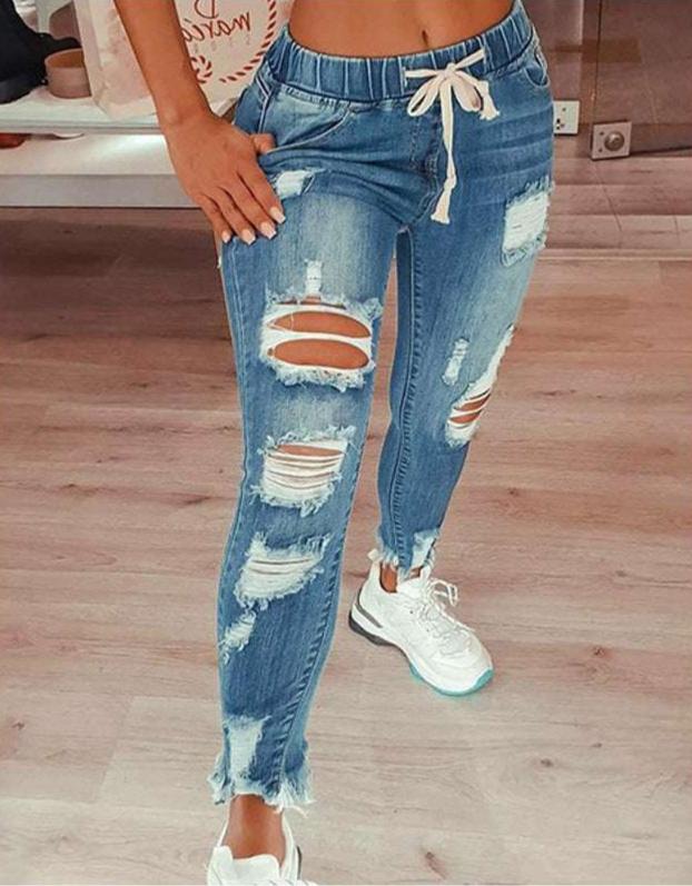 Emmeline - Jeans strappati con elastico in vita slim alla moda
