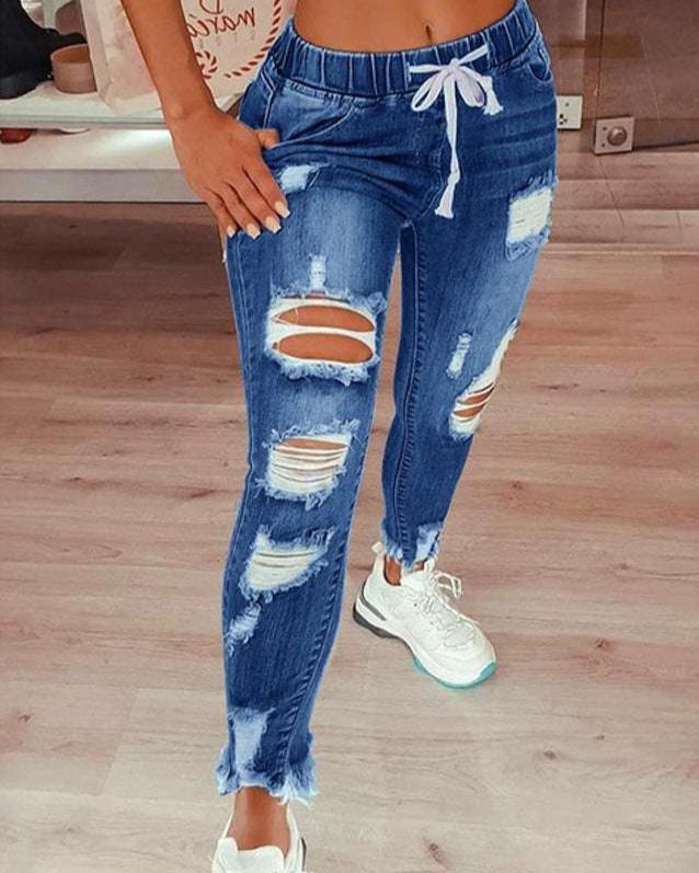 Emmeline - Jeans strappati con elastico in vita slim alla moda