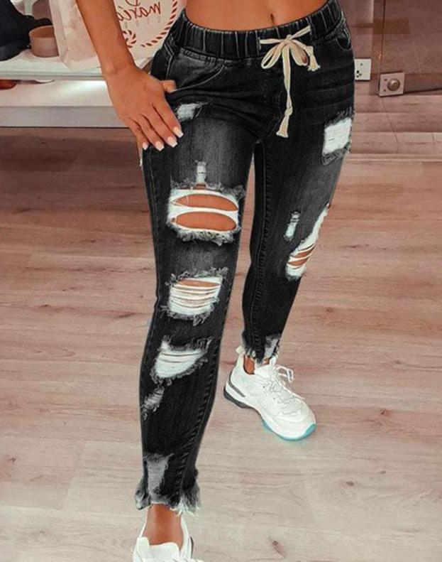 Emmeline - Jeans strappati con elastico in vita slim alla moda