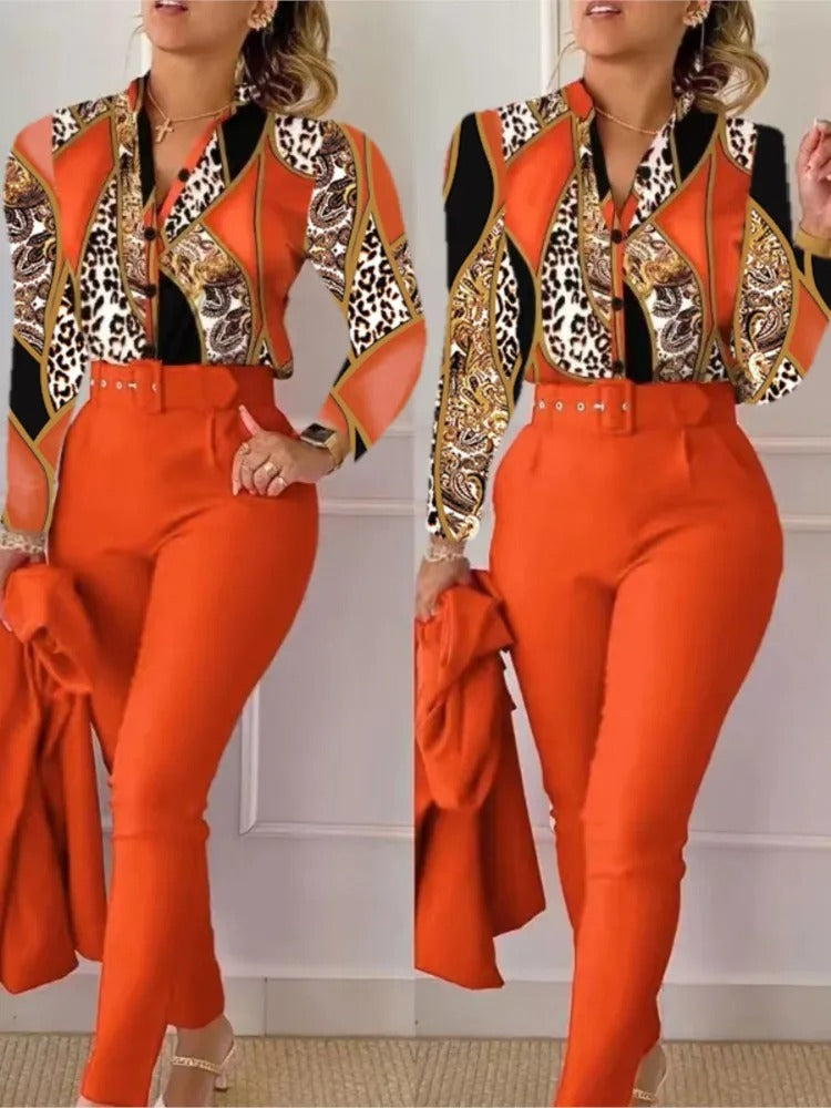 Edith - Completo da donna con top a maniche lunghe e pantaloni con scollo a V