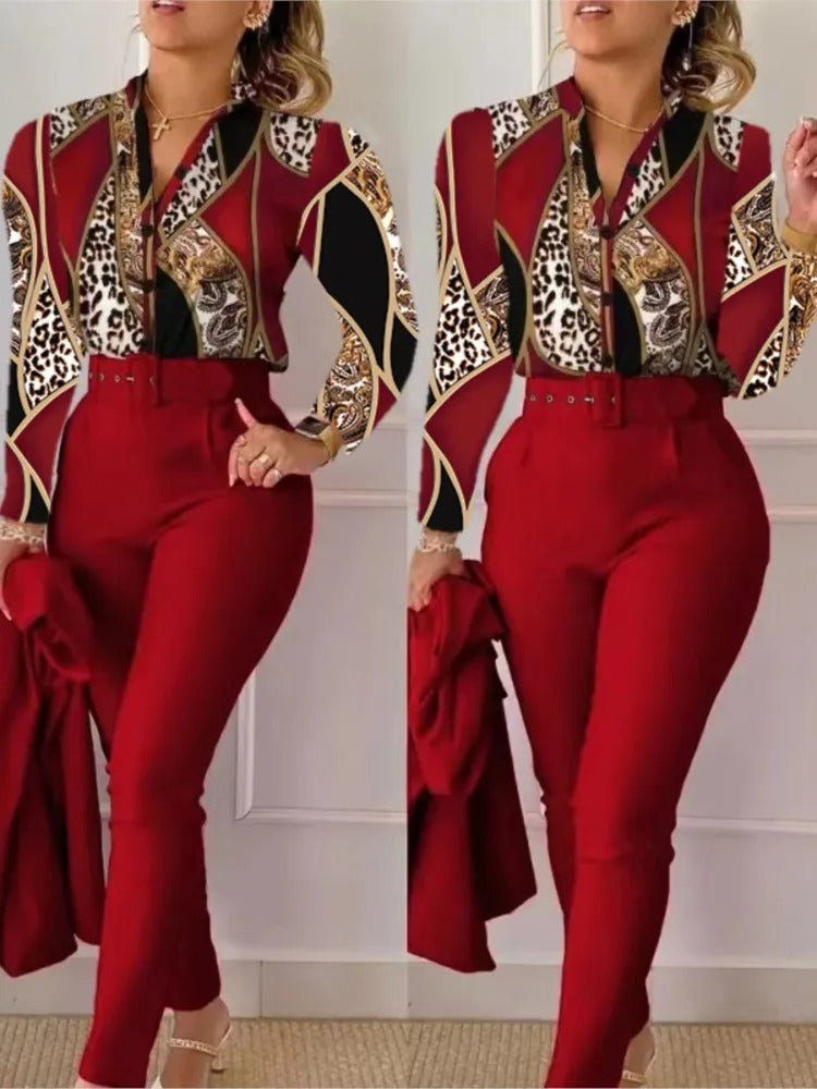 Edith - Completo da donna con top a maniche lunghe e pantaloni con scollo a V