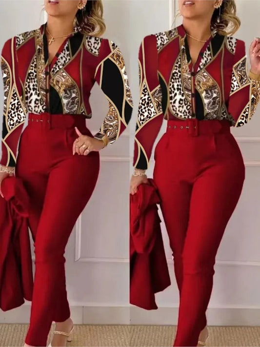 Edith - Completo da donna con top a maniche lunghe e pantaloni con scollo a V