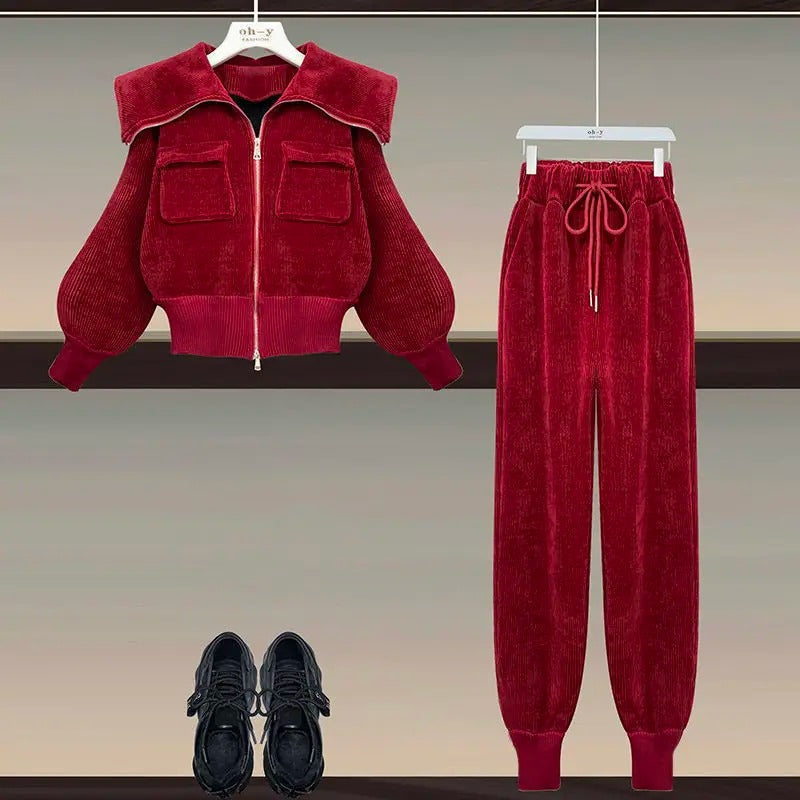 Alice - Pantaloni casual a vita alta con collo alto in velluto a coste, set da due pezzi