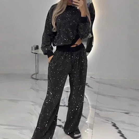 Laura - Completo due pezzi con manica lunga in paillettes e gamba larga con coulisse