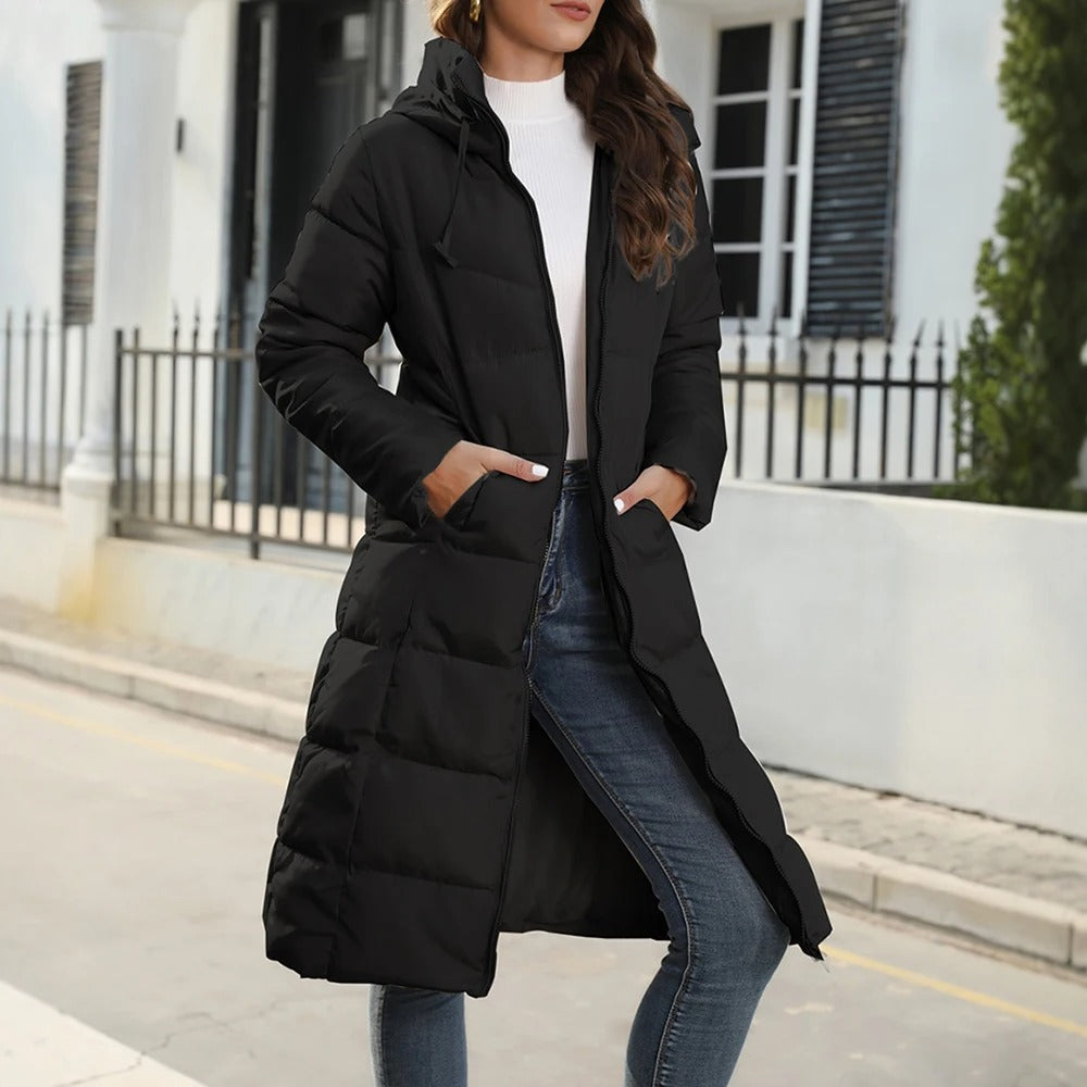 Quinnette - Giacca lunga con cappuccio, trapuntata e calda in stile casual