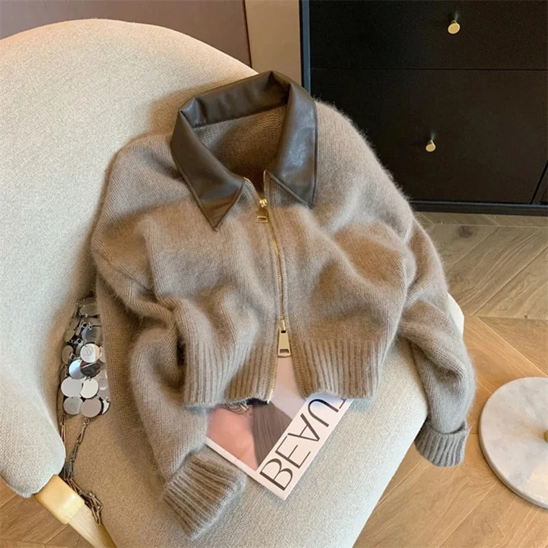 Ada - Giacca con zip in maglia e collo in pelle
