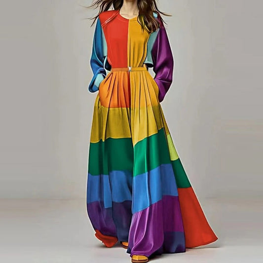 Julia - Abito plissettato a maniche lunghe con scollo a O multicolore alla moda