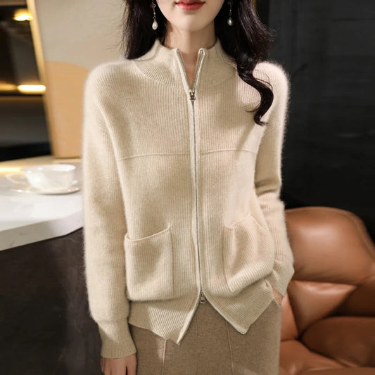 Edith - Cardigan in lana con cerniera e collo alto