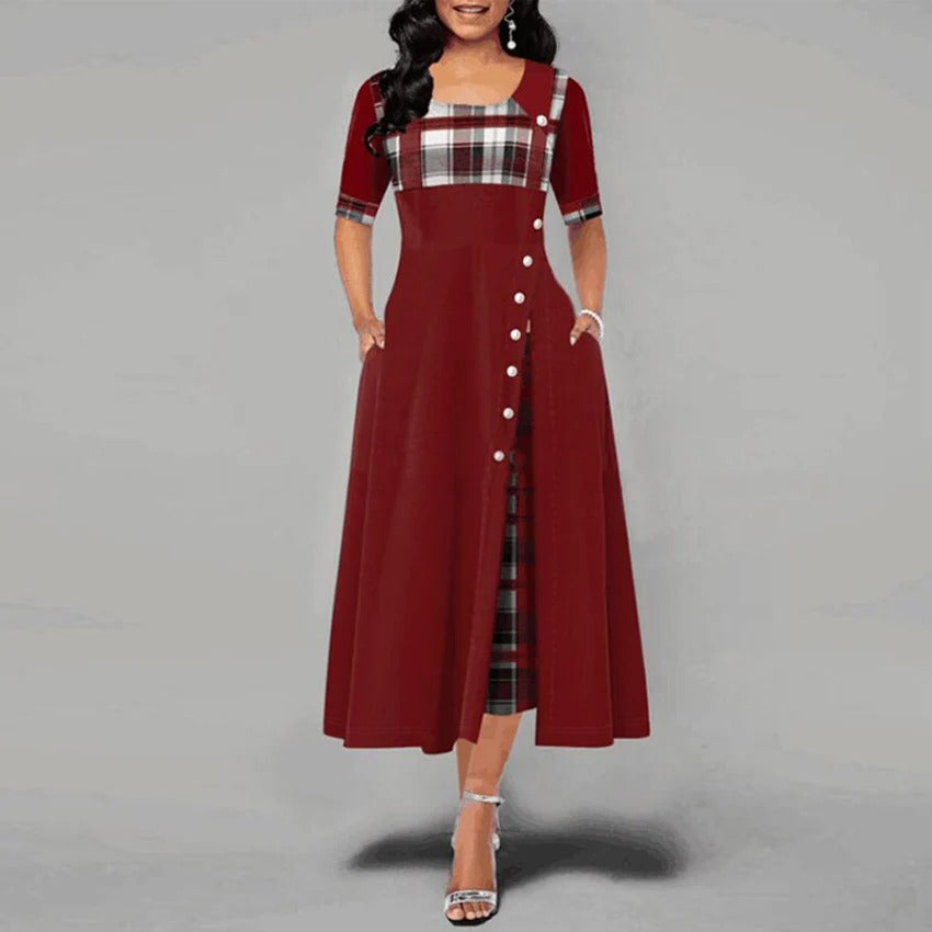 Louise - Abito patchwork a quadri con mezze maniche e patta con bottoni