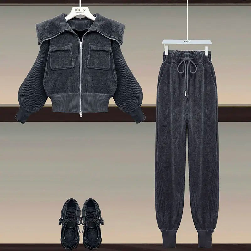 Alice - Pantaloni casual a vita alta con collo alto in velluto a coste, set da due pezzi